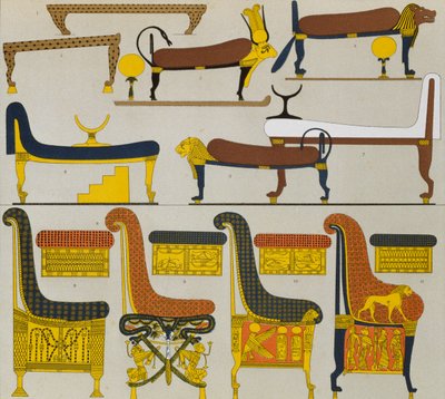 Mobilier égyptien ancien, lithographie de Spiegel - Albert Charles August Racinet