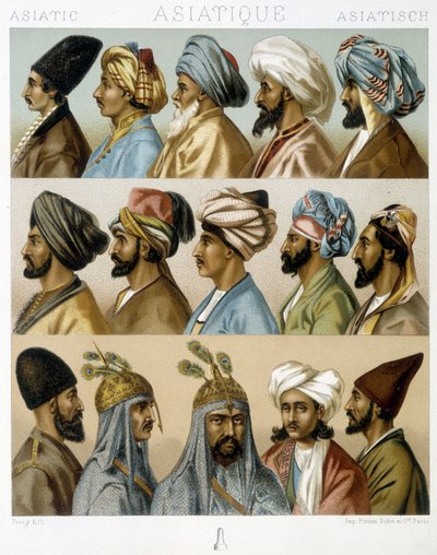 Coiffures masculines asiatiques - dans « Le costume historique » par Racinet, fin du 19e siècle - Albert Charles August Racinet