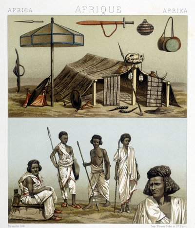Camp et vêtements traditionnels de Nubie. Illustration dans « Le costume historique » de Racinet - Albert Charles August Racinet