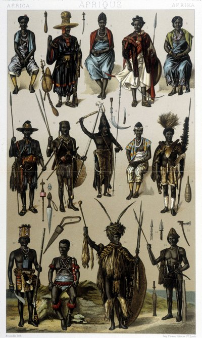 Costumes de Guinée, Sénégal et Gabon. Illustration dans « Le costume historique » par Racinet - Albert Charles August Racinet