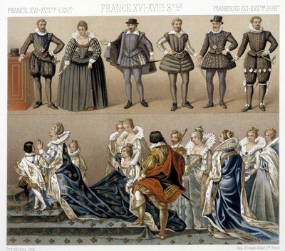 Costumes de la reine Marguerite de France (bas), et Henri IV (haut) aux 17e et 18e siècles. Illustration dans « Le costume historique » par Racinet - Albert Charles August Racinet
