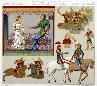 Costumes du Moyen Âge en France. Chromolithographie - dans « Le costume historique » par Racinet - Albert Charles August Racinet