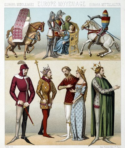 Costumes du Moyen Âge en France. Illustration dans « Le costume historique » par Racinet - Albert Charles August Racinet