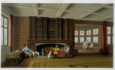 Lord anglais et sa famille dans sa maison du 17e siècle. Planche chromolithographique - dans « Le costume historique » par Racinet - Albert Charles August Racinet