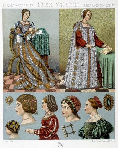 Mode et coiffure en Europe au 16e siècle - dans « Le costume historique » par Racinet, fin du 19e siècle - Albert Charles August Racinet