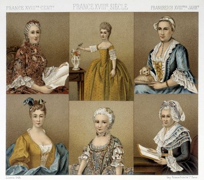 Mode féminine française au 18e siècle. Illustration dans « Le costume historique » par Racinet - Albert Charles August Racinet