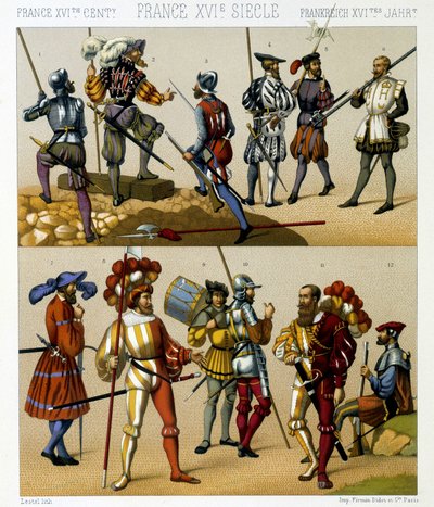 Costumes militaires français au XVIe siècle. Planche chromolithographique - dans « Le costume historique » par Racinet - Albert Charles August Racinet