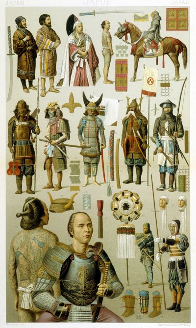 Costumes de guerriers japonais (samouraï ou yakuza). Planche chromolithographique - dans « Le costume historique » par Racinet - Albert Charles August Racinet