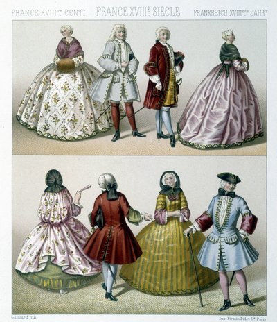 Hommes et femmes portant des costumes à la mode du 18e siècle en France. Illustration dans « Le costume historique » par Racinet - Albert Charles August Racinet