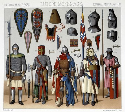 Costumes militaires et casques en France du 13e au 15e siècle. Illustration dans « Le costume historique » par Racinet - Albert Charles August Racinet