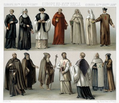Costumes monastiques en Europe du 15e au 18e siècle. Illustration dans « Le costume historique » par Racinet - Albert Charles August Racinet