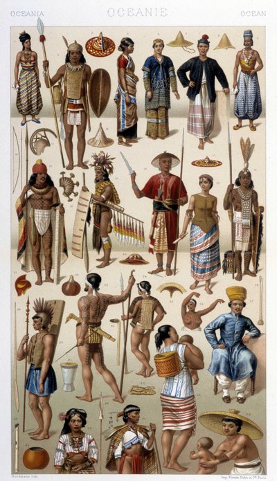Peuples de Malaisie et de Polynésie (Océanie). Illustration dans « Le costume historique » par Racinet - Albert Charles August Racinet