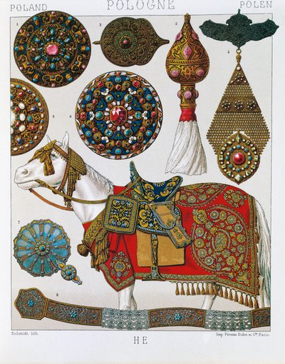 Ornements polonais, chevaliers hussards, lithographie tirée du Costume historique de Schmidt, Volume V - Albert Charles August Racinet