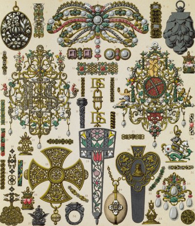 Bijoux du XVIIe siècle, lithographie de Schmidt publiée dans Le costume historique, Volume V - Albert Charles August Racinet