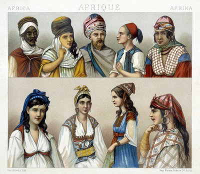 Costumes et coiffes traditionnels des hommes et des femmes en Algérie. Illustration dans « Le costume historique » par Racinet - Albert Charles August Racinet