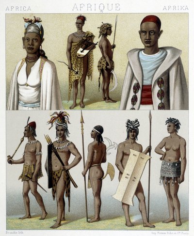 Costumes traditionnels et bijoux de Tombouctou et du Haut-Nil. Illustration dans « Le costume historique » par Racinet - Albert Charles August Racinet