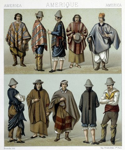 Costumes traditionnels du Chili. Illustration dans « Le costume historique » de Racinet - Albert Charles August Racinet