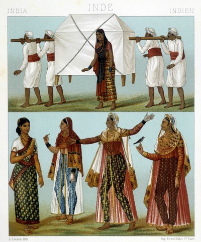Transport et costumes féminins traditionnels. Illustration dans « Le costume historique » par Racinet - Albert Charles August Racinet