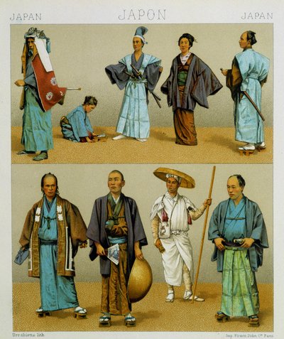 Divers costumes traditionnels japonais pour hommes, y compris le kimono. Planche chromolithographique - dans « Le costume historique » par Racinet - Albert Charles August Racinet