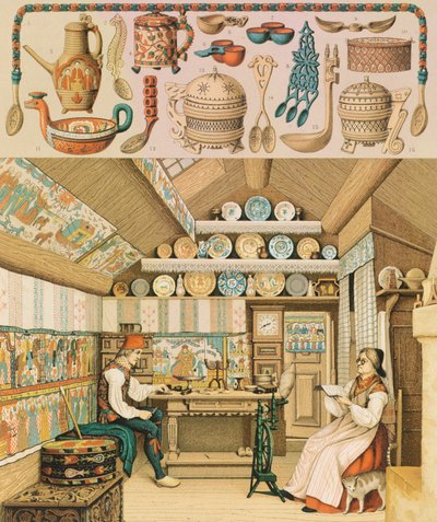 Maison en bois en Suède, Illustration du Costume Historique - Albert Charles August Racinet