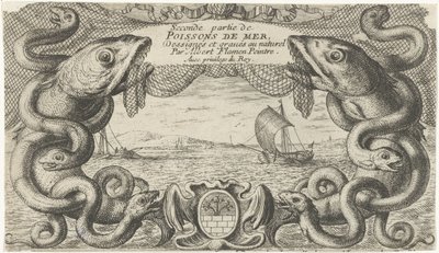 Paysage marin avec bordure de créatures marines et un filet de pêche - Albert Flamen