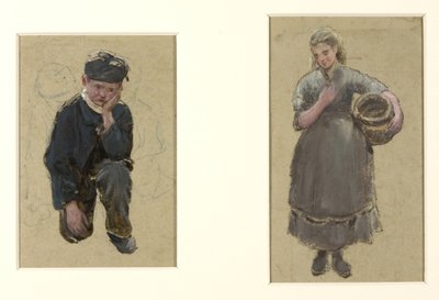 Filles de pêcheurs et garçon agenouillé - Albert Goodwin