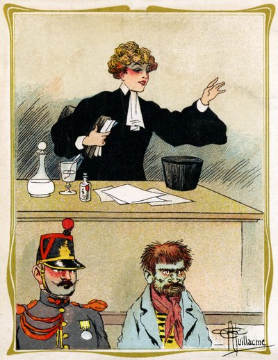 Une avocate au visage magnifique, plaide et défend son client avec patience. Publicité, gravure 1902-1903 - Albert Guillaume
