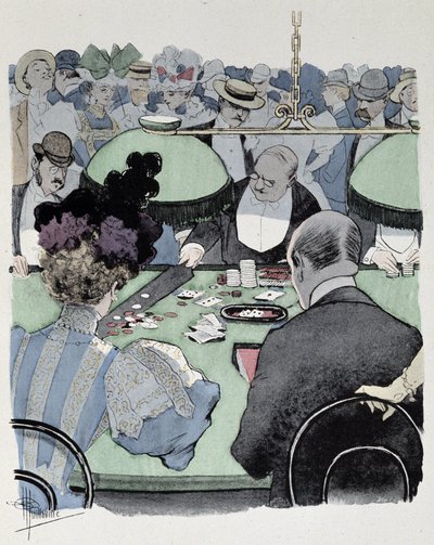 Couple à une table de jeu - dessin par Guillaume, fin 19e siècle - Albert Guillaume