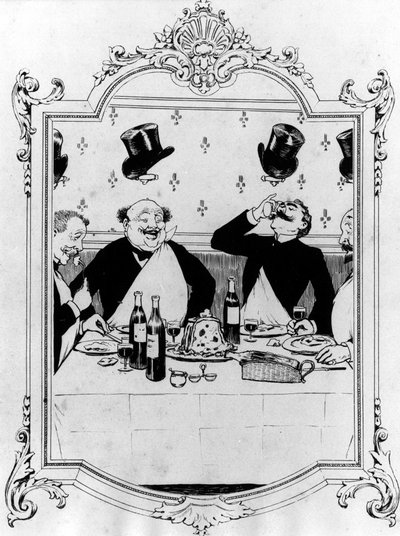 Quatre hommes buvant pendant un repas dans un restaurant - dessin de Guillaume dans « Mémoire d