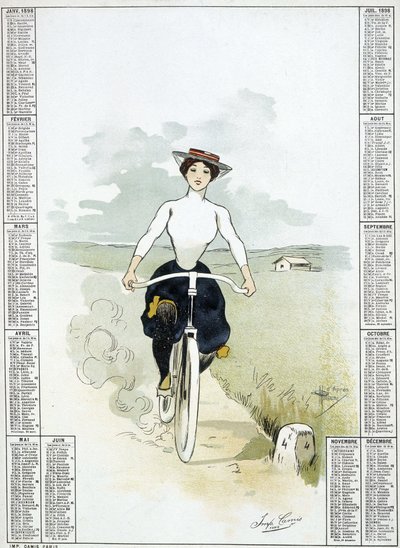 Femme à bicyclette - dessin de Guillaume, calendrier - Albert Guillaume
