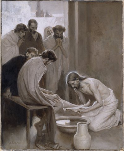 Le Christ lavant les pieds de ses disciples, par Edelfelt, Albert Gustaf Aristides (1854-1905). Grisaille - Albert Gustaf Aristides Edelfelt