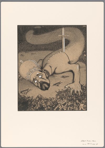 Projet pour une caricature politique : serpent à tête couronnée poignardé par l