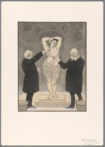 Esquisse pour une caricature politique : deux hommes couvrent une femme nue debout avec des feuilles de figuier - Albert Hahn (I)