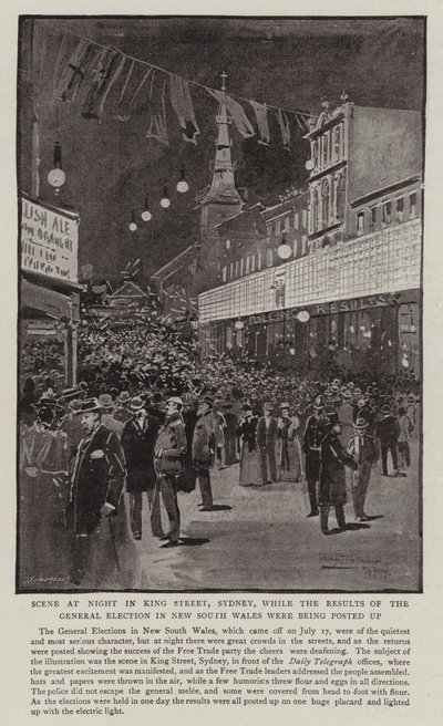 Scène de nuit dans King Street, Sydney, pendant que les résultats des élections générales en Nouvelle-Galles du Sud étaient affichés - Albert Henry Fullwood