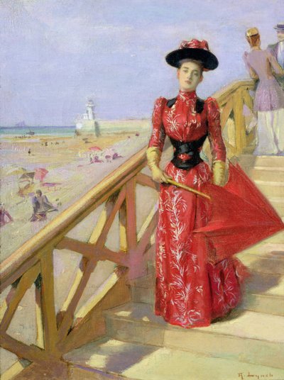 Femme descendant des marches vers une plage - Albert Lynch
