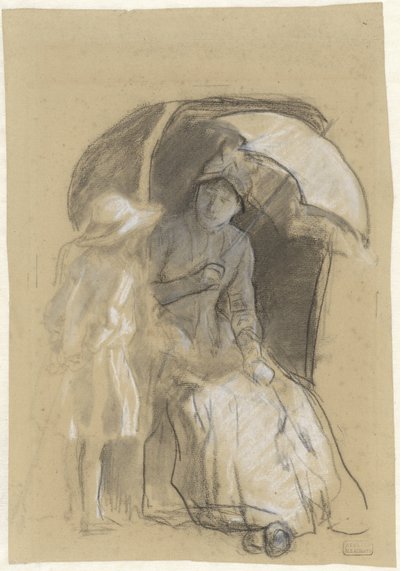 Femme dans une chaise de plage avec une fille à côté - Albert  Neuhuys