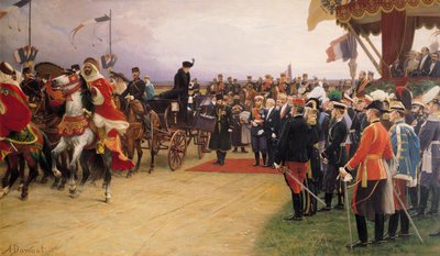 Le président Émile Loubet (1838-1929) accueillant le tsar Nicolas II (1868-1917) et la tsarine Alexandra (1872-1918) au camp de Bétheny, 21 septembre 1901, r.1905 - Albert Pierre Dawant