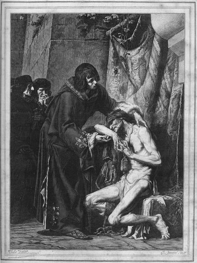 Louis IX console un lépreux : le roi de France Saint Louis (1214-1270) et un malade lors d