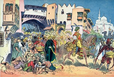 Aladin traversant les rues de la ville et jetant de l