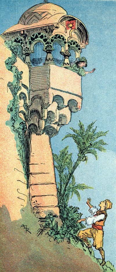 Aladin retrouve son palais et sa femme Illustration par Albert Robida (1848-1926) pour le conte « Aladin et la lampe merveilleuse » dans « Les mille et une nuits » - Albert Robida