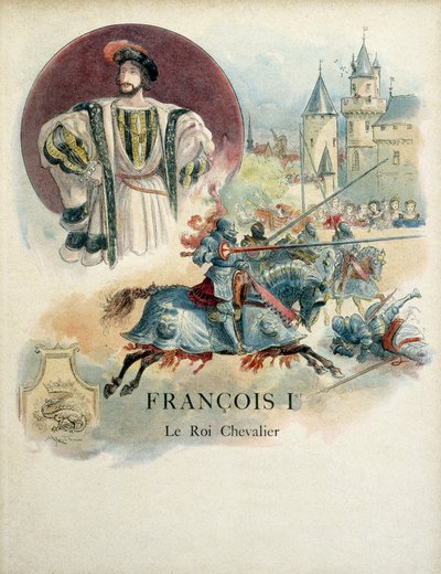 François Ier (1494-1547), portrait du roi de France et scène de tournoi. Illustration d