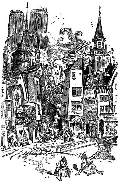Le géant Gargantua traverse Paris, semant la panique et la destruction sur son passage. Il apprend à cracher sur la Cathédrale Notre-Dame de Paris, dont les tours en arrière-plan se distinguent. Avec ce crachat, plus de 3000 Parisiens seront noyés ! - Albert Robida