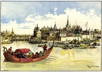 Le roi Henri III posant la première pierre du Pont Neuf sur la Seine à Paris, le 31 mai - Albert Robida