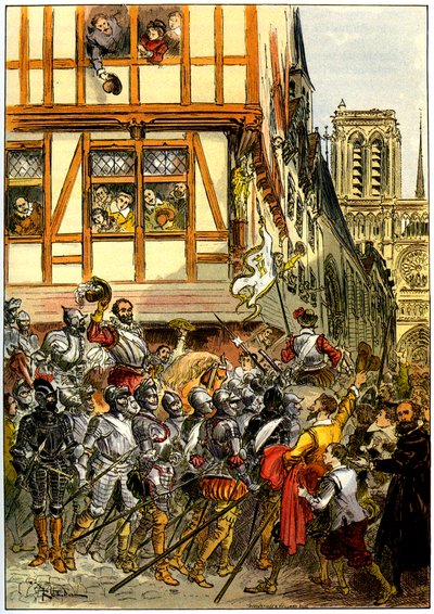 Le roi Henri IV de France acclamé par la foule à son arrivée à Notre-Dame après la reddition de Paris le 22 mars - Albert Robida