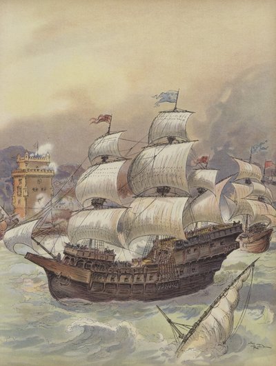 La flotte de Jean Ango bloque le Tage et menace Lisbonne - Albert Robida