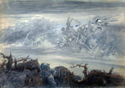 Le combat des ombres : poilus dans une tranchee imaginer un assaut par des soldats fantômes - Albert Robida