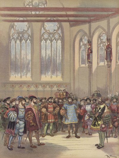 Le héraut Bourgogne, envoyé par Charles-Quint, est reçu par François Ier en la grande salle du Parlement - Albert Robida