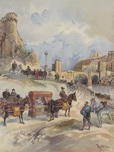 Marguerite de France allant visiter son frère, est reçue au Pont de Tolède par Charles-Quint - Albert Robida