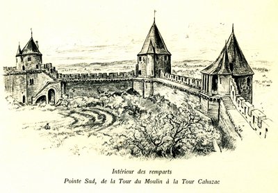 Cité médiévale de Carcassonne (Aude, Languedoc, Pays Cathare) - Intérieur des remparts, pointe sud, de la tour du Moulin à la tour Cahuzac - emplacement du Théâtre de plein air - gravure romantique par Albert Robida (1848-1926) dans un livre publié au débu - Albert Robida