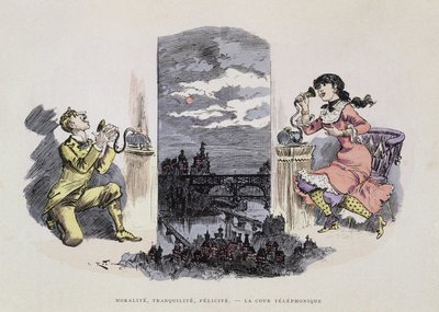 Moralité, tranquillité, bonheur - La cour du téléphone, caricature de Robida, sd. 19e siècle - Albert Robida
